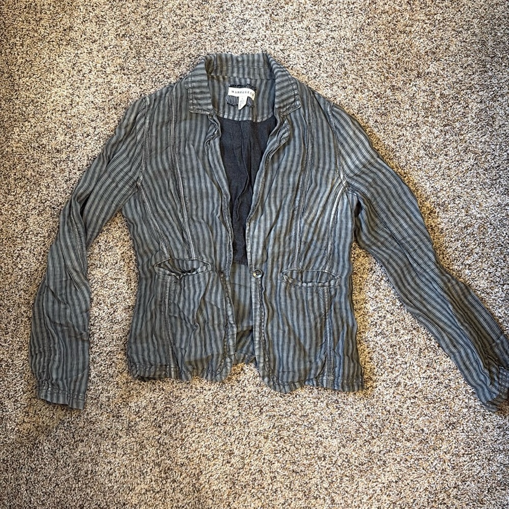 Striped Open-Front Blazer Jacket - Gray and Blue